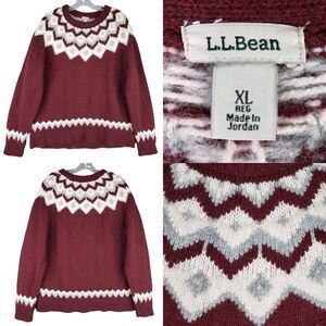 LL Bean Sweater Womens Size XL Fair Isle Maroon Red Chunky Knit Wool Pullover